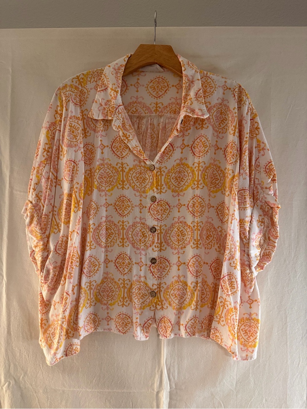 Impressions White Button-Front Shirt with Yellow & Orange Print